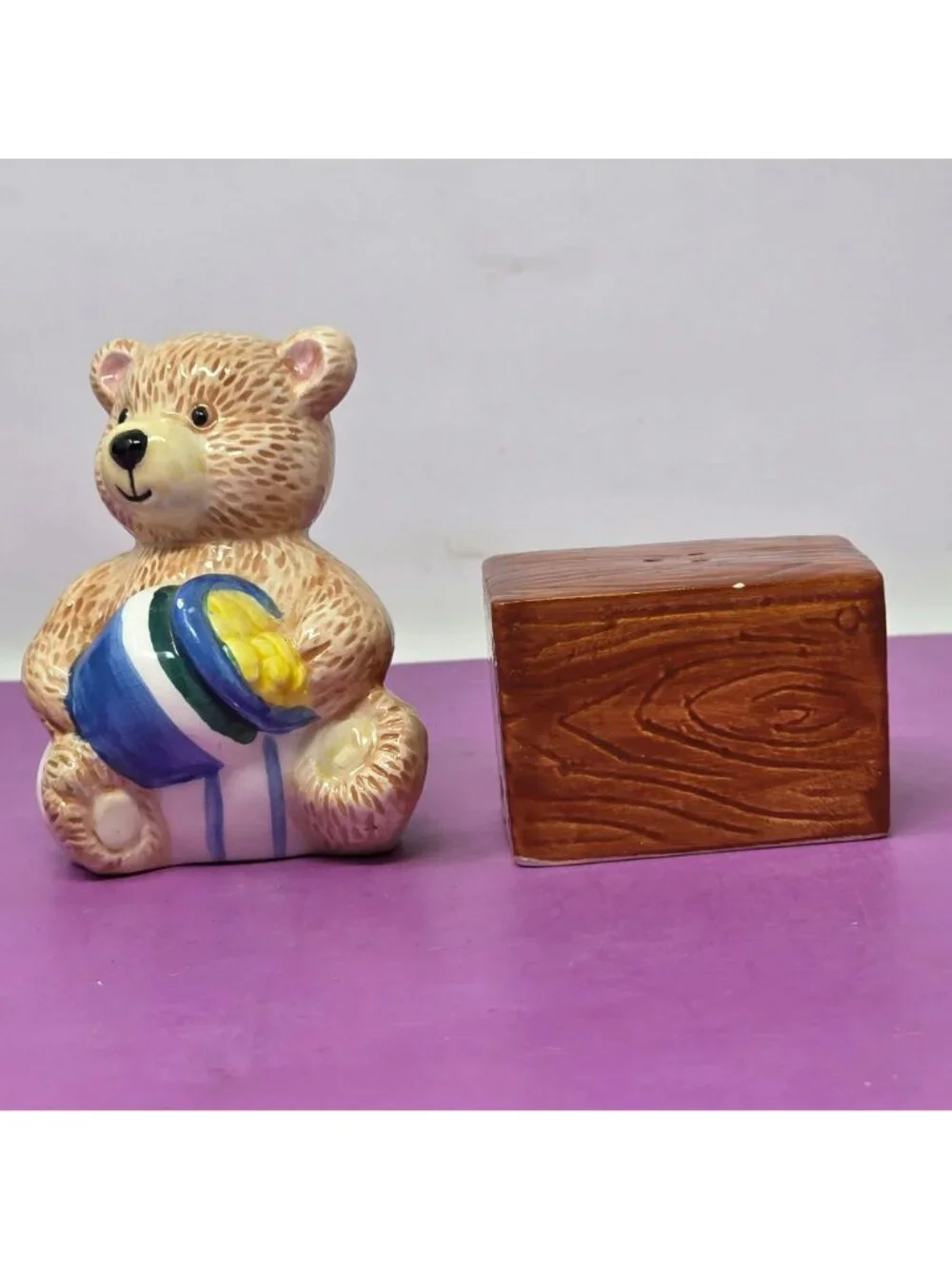 Ceramic Teddy Bear Honey Pot Salt Pepper Shakers Vintage Brown Blue Hand-Painted